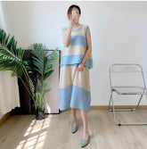 Casual Pleated Striped Top & Pull-On Skirt Set